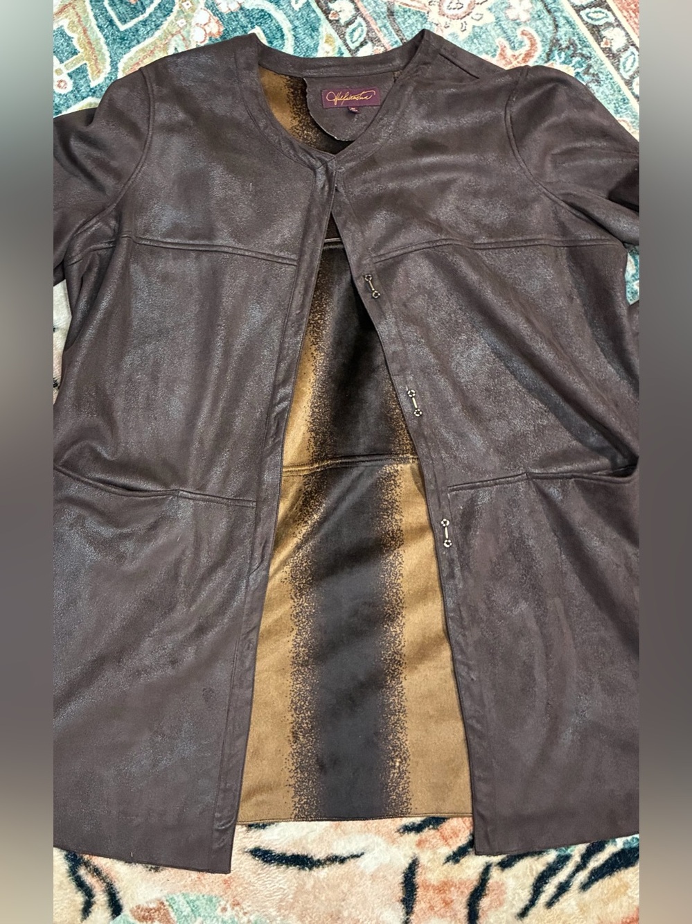 Yale Burstein 3X Faux Suede Metallic Long Coat Jacket Brown